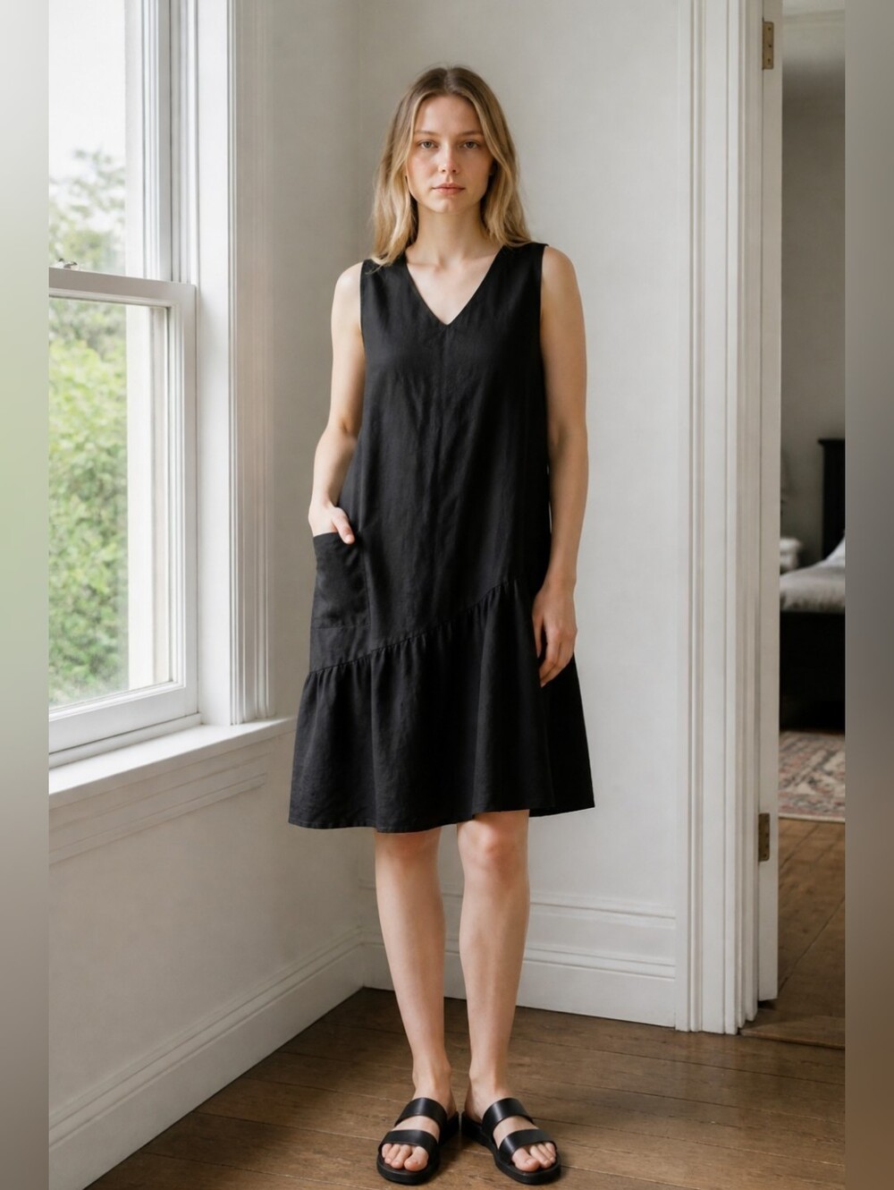 Garnet Hill 100% Linen Black Trapeze Dress with Pocket